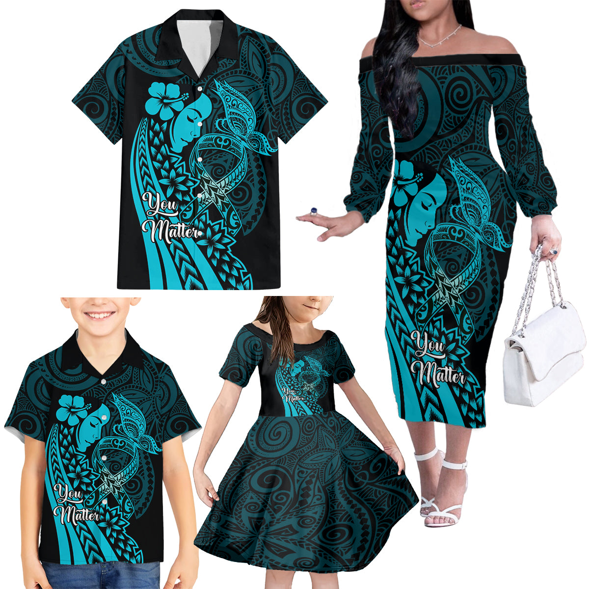 Polynesia World Ovarian Cancer Day Family Matching Off The Shoulder Long Sleeve Dress and Hawaiian Shirt You Matter Polynesian Women LT14 - Polynesian Pride