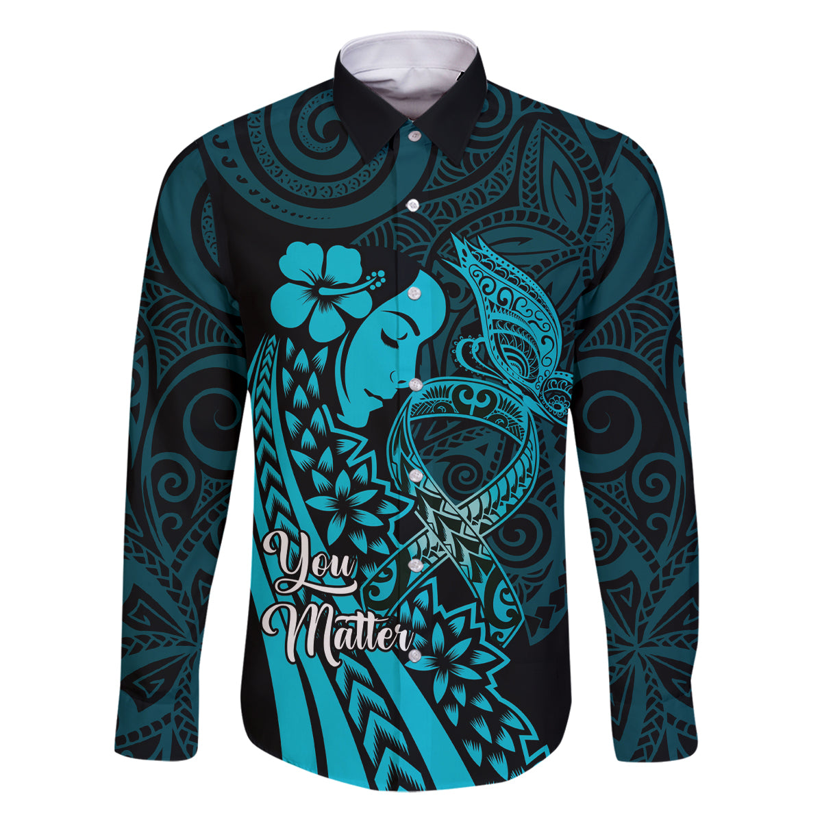 Polynesia World Ovarian Cancer Day Family Matching Off The Shoulder Long Sleeve Dress and Hawaiian Shirt You Matter Polynesian Women