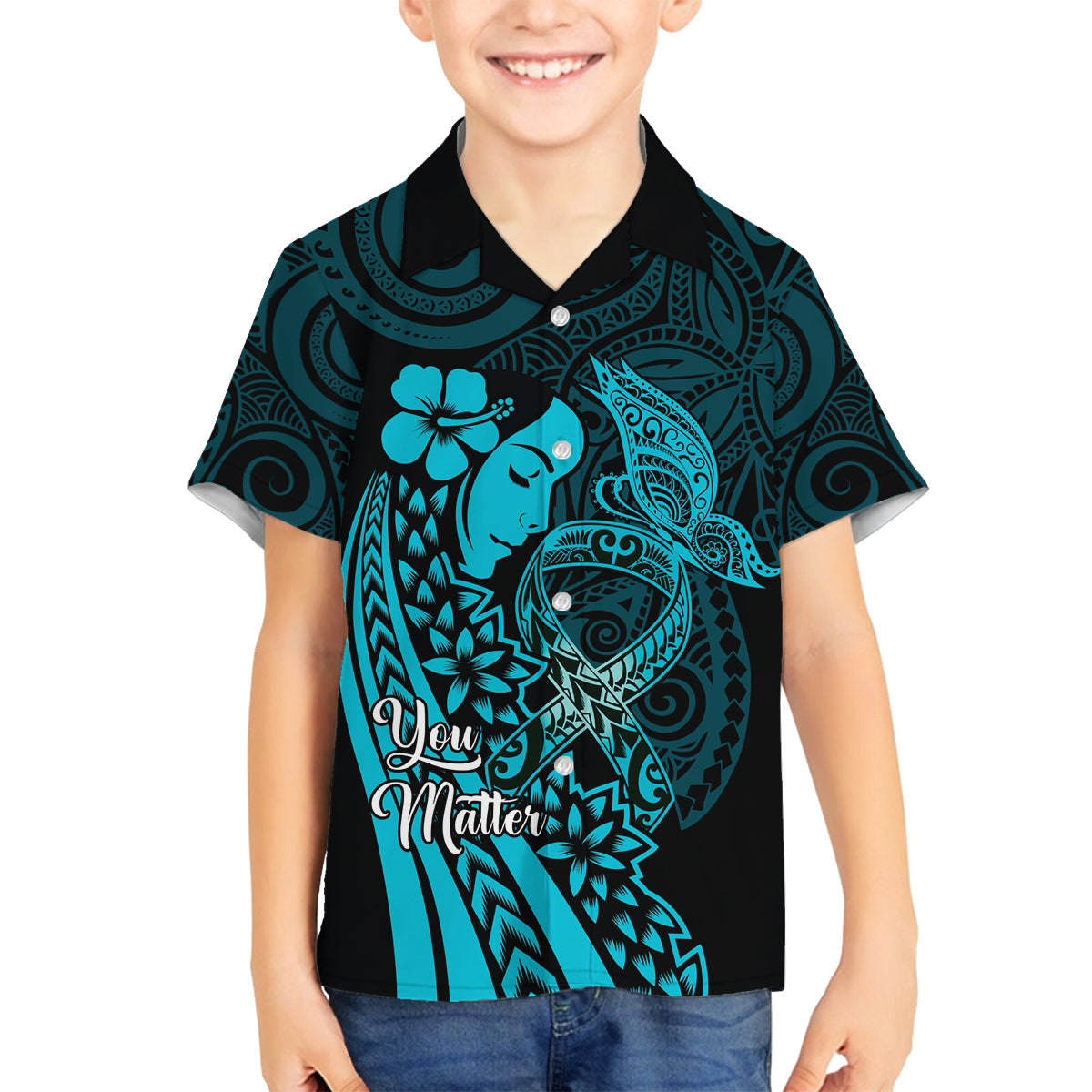 Polynesia World Ovarian Cancer Day Family Matching Off Shoulder Short Dress and Hawaiian Shirt You Matter Polynesian Women