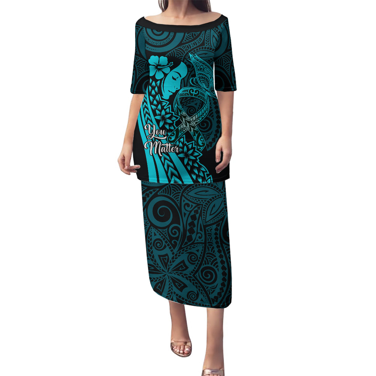 Polynesia World Ovarian Cancer Day Family Matching Puletasi and Hawaiian Shirt You Matter Polynesian Women