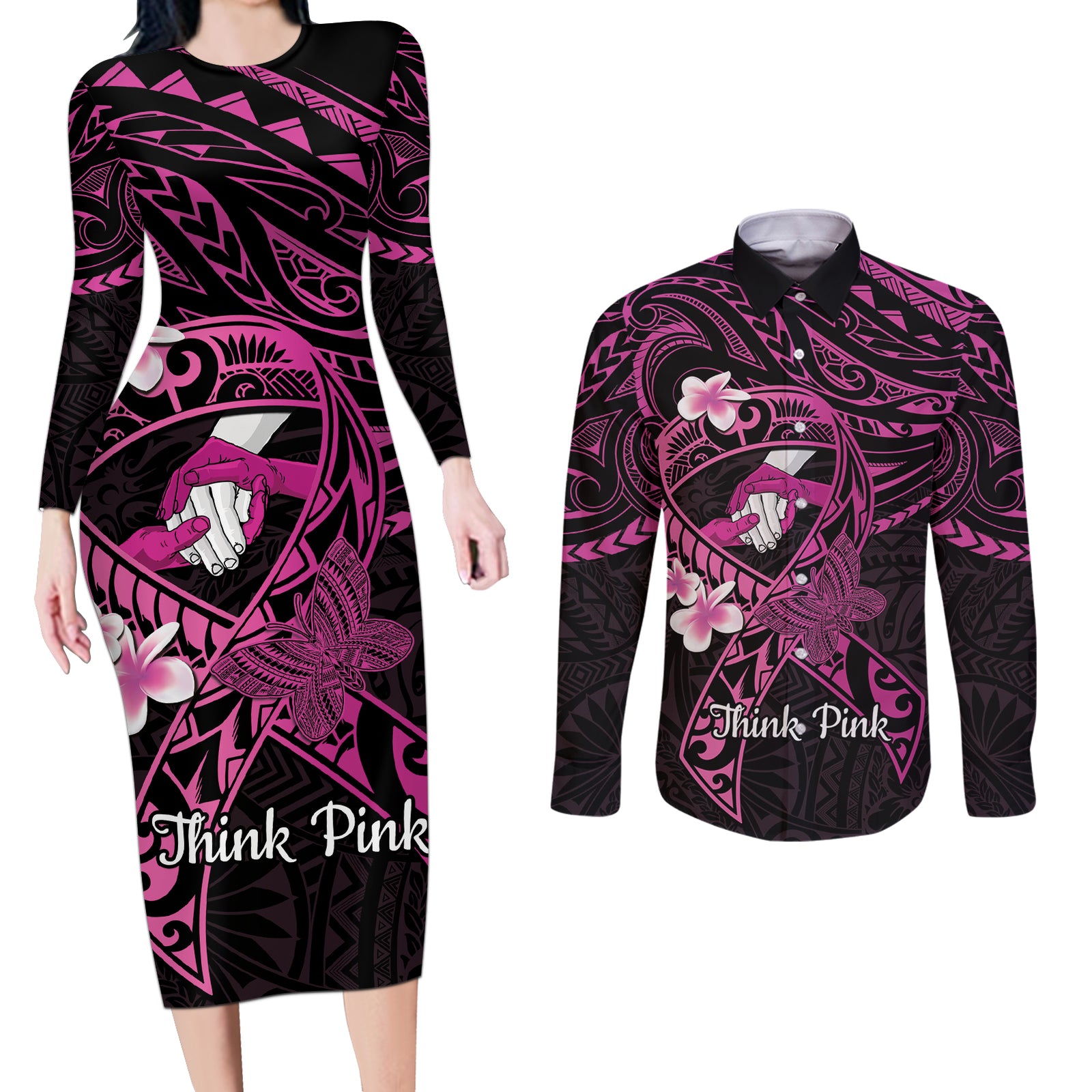 Polynesia Breast Cancer Awareness Couples Matching Long Sleeve Bodycon Dress and Long Sleeve Button Shirt Pink Ribbon No One Fights Alone - Black LT14 Black - Polynesian Pride