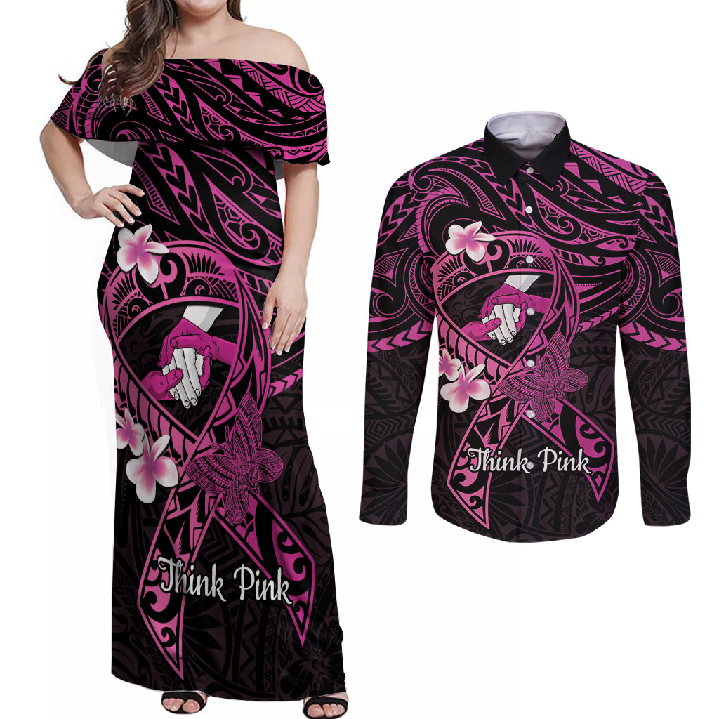 Polynesia Breast Cancer Awareness Couples Matching Off Shoulder Maxi Dress and Long Sleeve Button Shirt Pink Ribbon No One Fights Alone - Black LT14 Black - Polynesian Pride