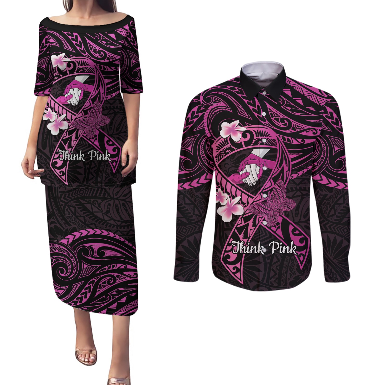 Polynesia Breast Cancer Awareness Couples Matching Puletasi and Long Sleeve Button Shirt Pink Ribbon No One Fights Alone - Black LT14 Black - Polynesian Pride