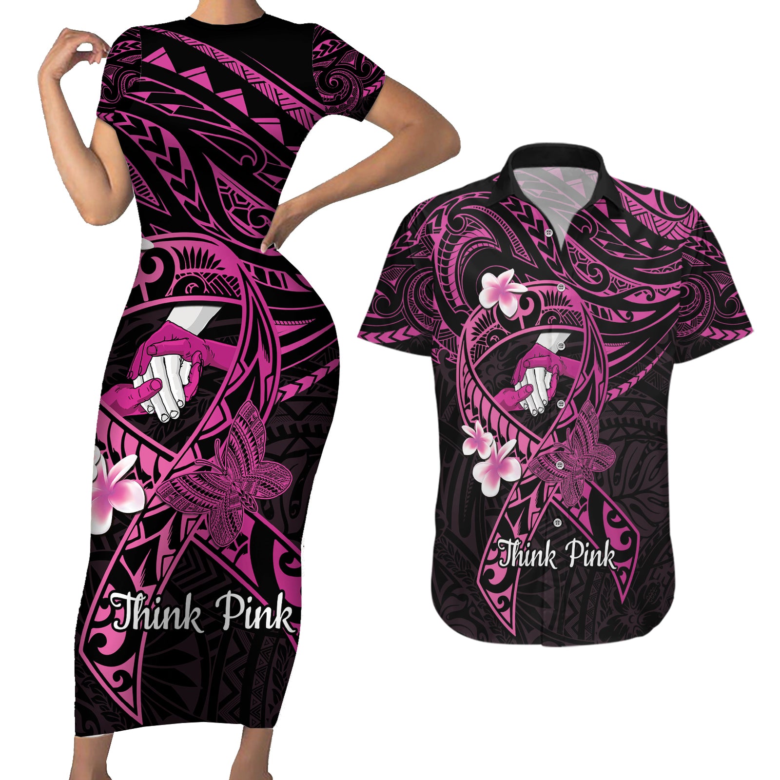 Polynesia Breast Cancer Awareness Couples Matching Short Sleeve Bodycon Dress and Hawaiian Shirt Pink Ribbon No One Fights Alone - Black LT14 Black - Polynesian Pride