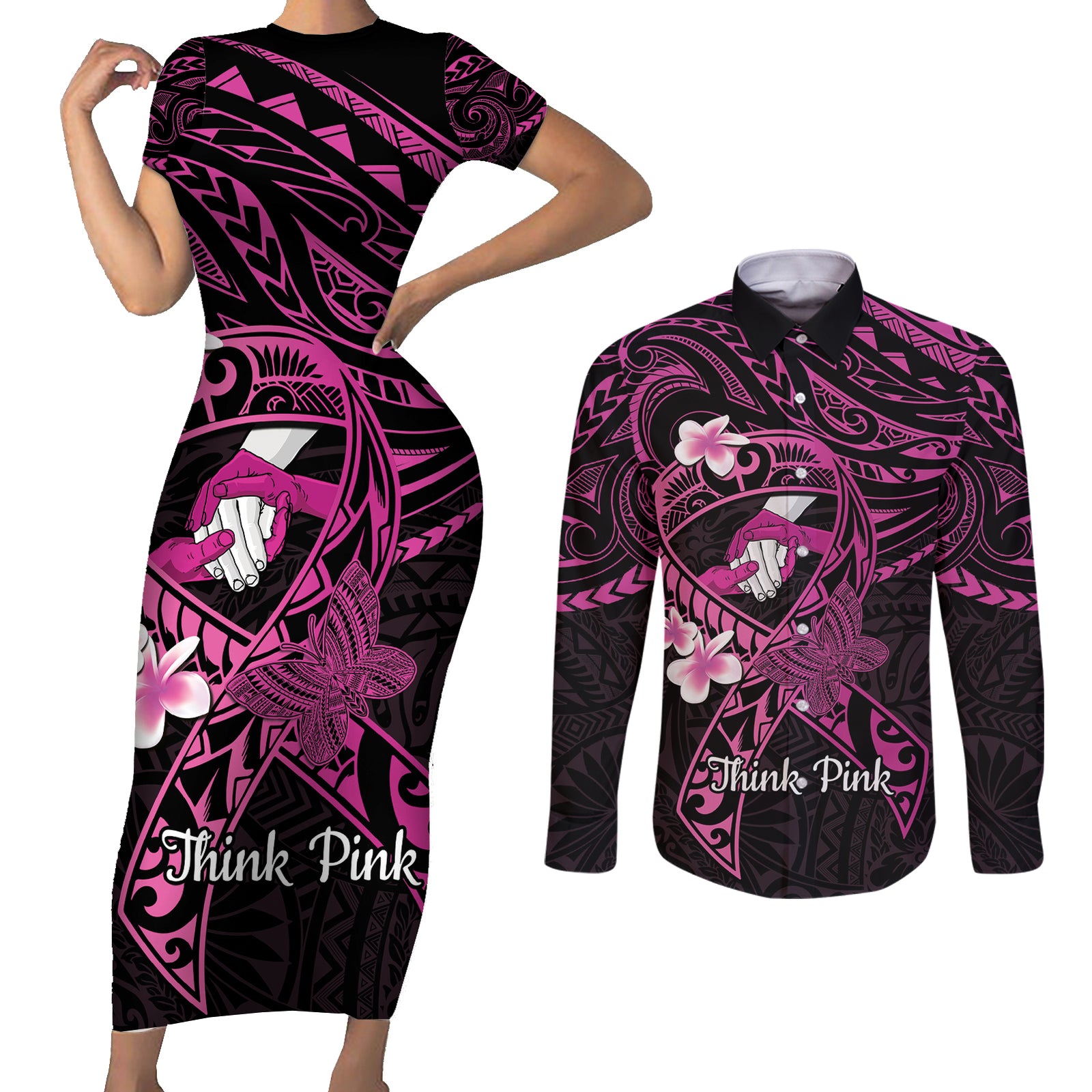 Polynesia Breast Cancer Awareness Couples Matching Short Sleeve Bodycon Dress and Long Sleeve Button Shirt Pink Ribbon No One Fights Alone - Black LT14 Black - Polynesian Pride