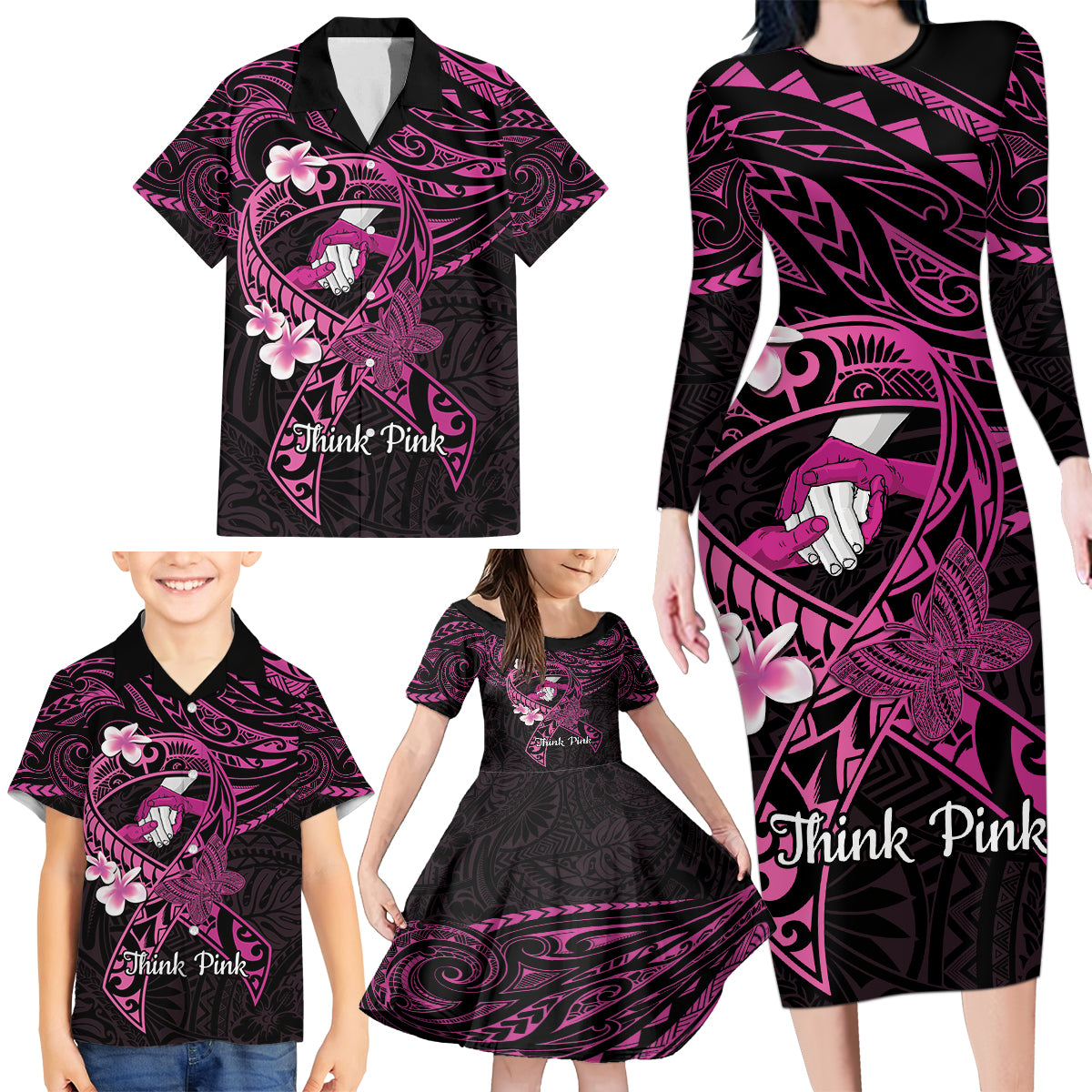 Polynesia Breast Cancer Awareness Family Matching Long Sleeve Bodycon Dress and Hawaiian Shirt Pink Ribbon No One Fights Alone - Black