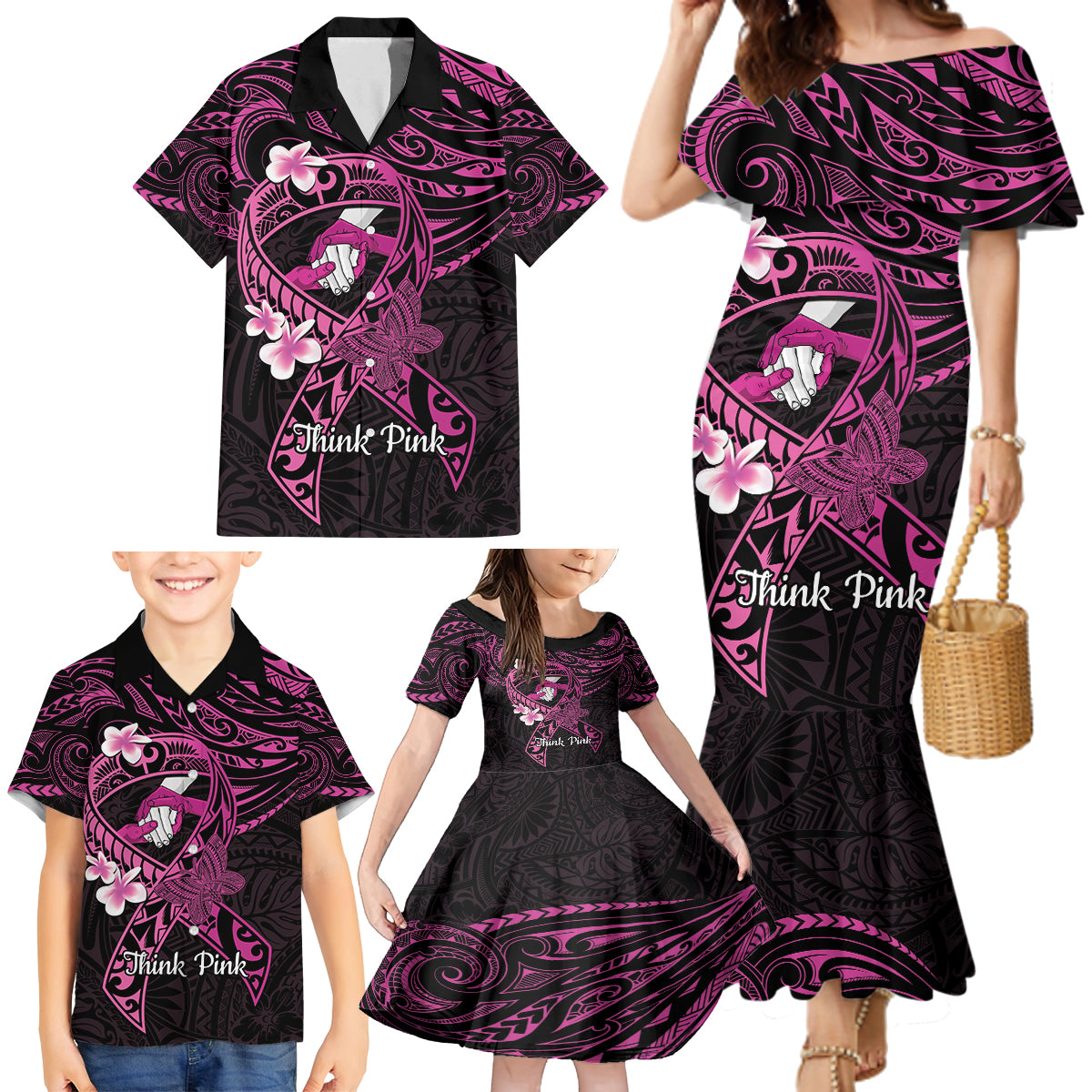 Polynesia Breast Cancer Awareness Family Matching Mermaid Dress and Hawaiian Shirt Pink Ribbon No One Fights Alone - Black LT14 - Polynesian Pride