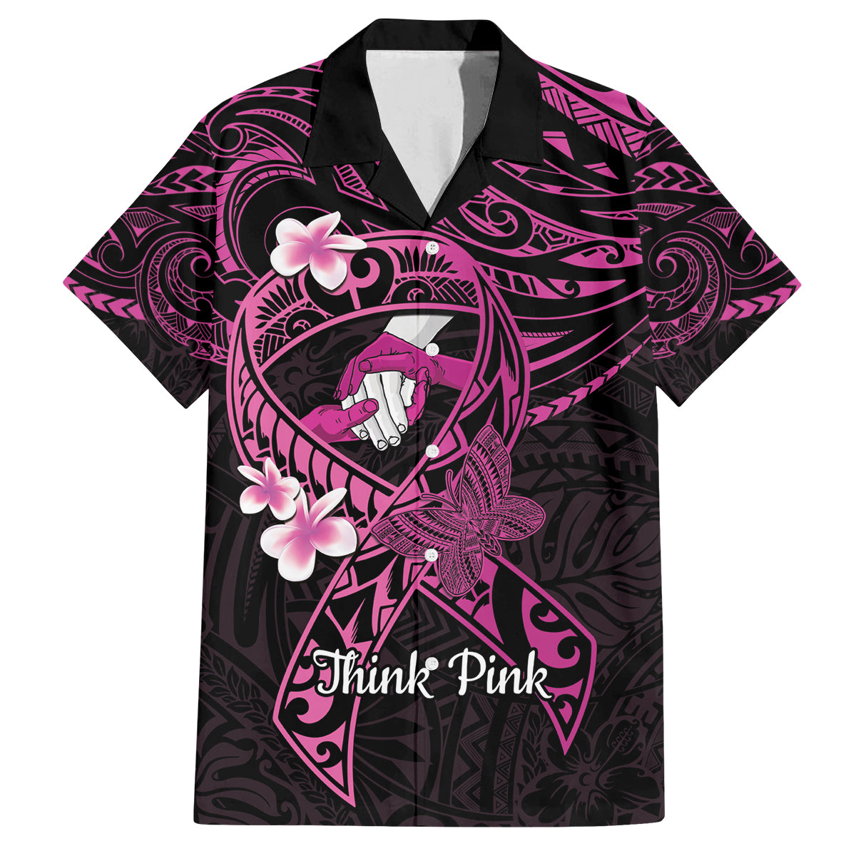 Polynesia Breast Cancer Awareness Family Matching Off The Shoulder Long Sleeve Dress and Hawaiian Shirt Pink Ribbon No One Fights Alone - Black LT14 Dad's Shirt - Short Sleeve Black - Polynesian Pride