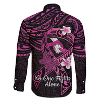 Polynesia Breast Cancer Awareness Family Matching Off The Shoulder Long Sleeve Dress and Hawaiian Shirt Pink Ribbon No One Fights Alone - Black LT14 - Polynesian Pride