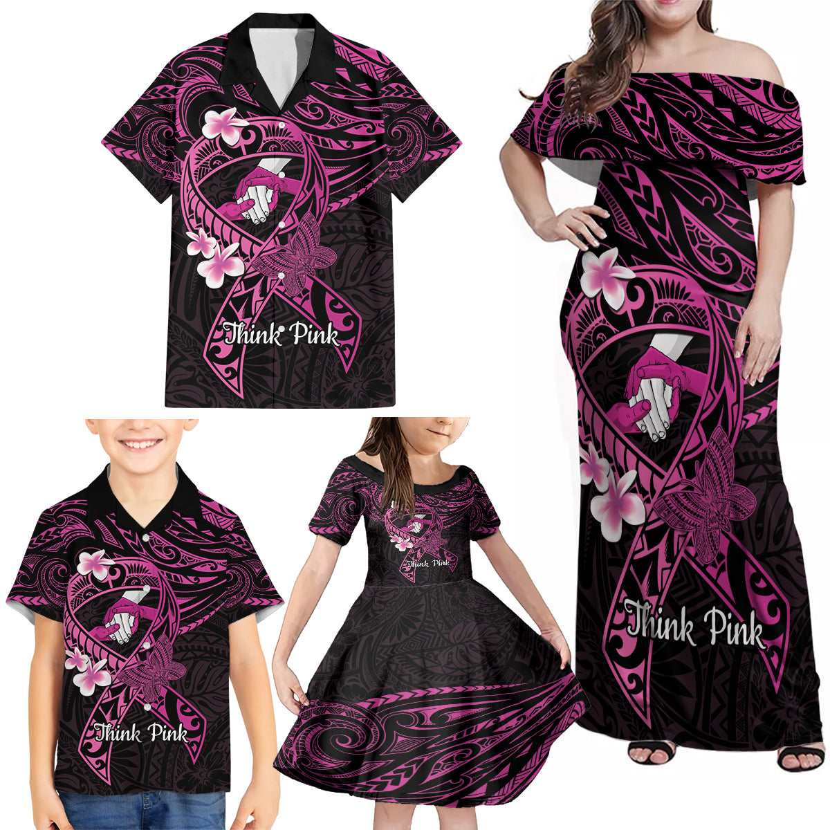 Polynesia Breast Cancer Awareness Family Matching Off Shoulder Maxi Dress and Hawaiian Shirt Pink Ribbon No One Fights Alone - Black