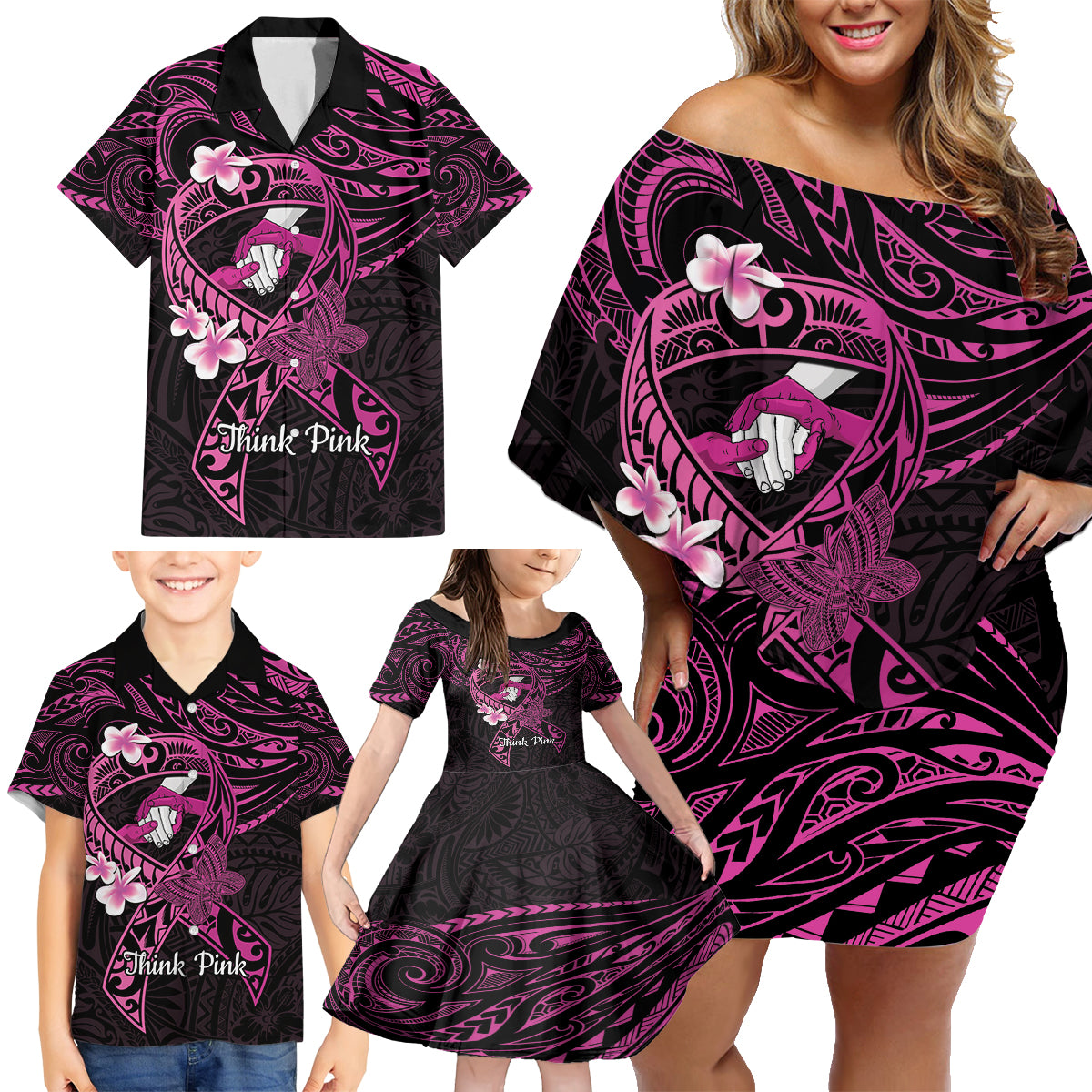 Polynesia Breast Cancer Awareness Family Matching Off Shoulder Short Dress and Hawaiian Shirt Pink Ribbon No One Fights Alone - Black