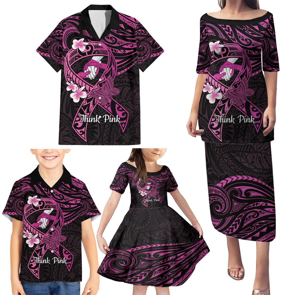 Polynesia Breast Cancer Awareness Family Matching Puletasi and Hawaiian Shirt Pink Ribbon No One Fights Alone - Black LT14 - Polynesian Pride