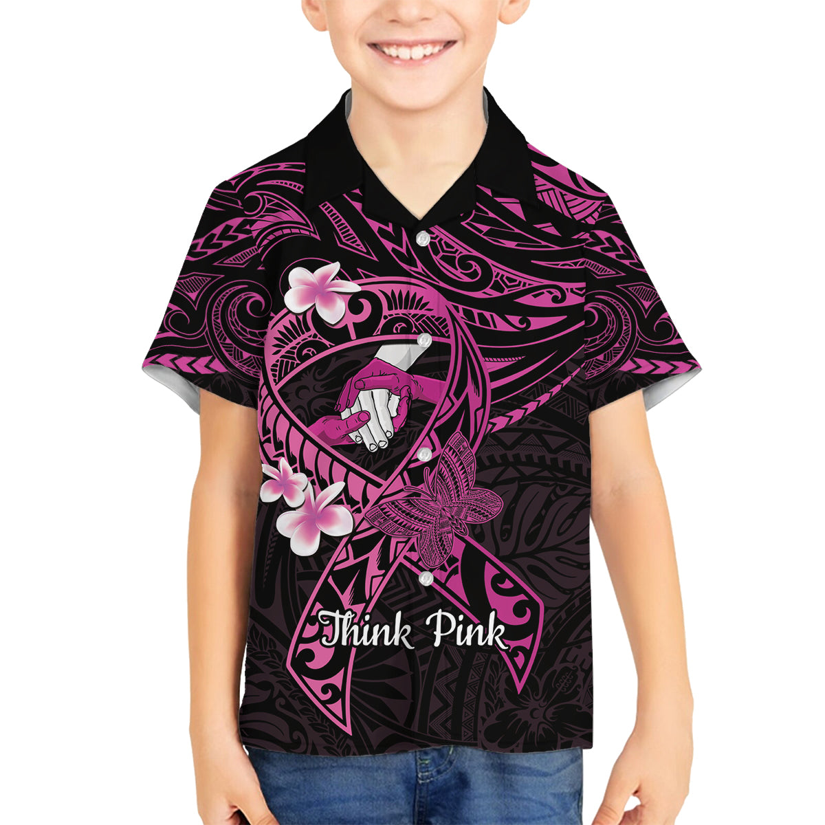 Polynesia Breast Cancer Awareness Family Matching Puletasi and Hawaiian Shirt Pink Ribbon No One Fights Alone - Black LT14 Son's Shirt Black - Polynesian Pride