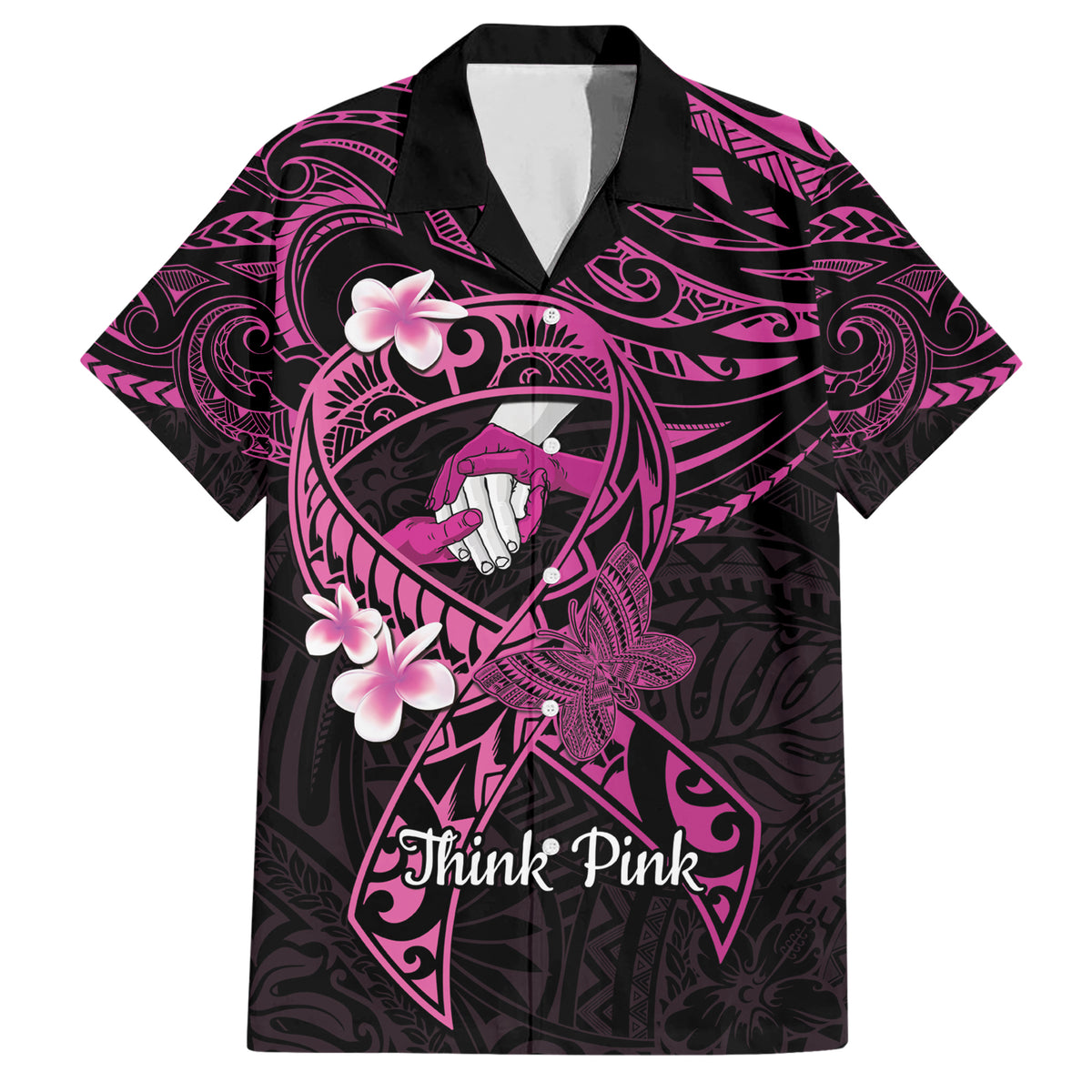 Polynesia Breast Cancer Awareness Family Matching Short Sleeve Bodycon Dress and Hawaiian Shirt Pink Ribbon No One Fights Alone - Black LT14 Dad's Shirt - Short Sleeve Black - Polynesian Pride