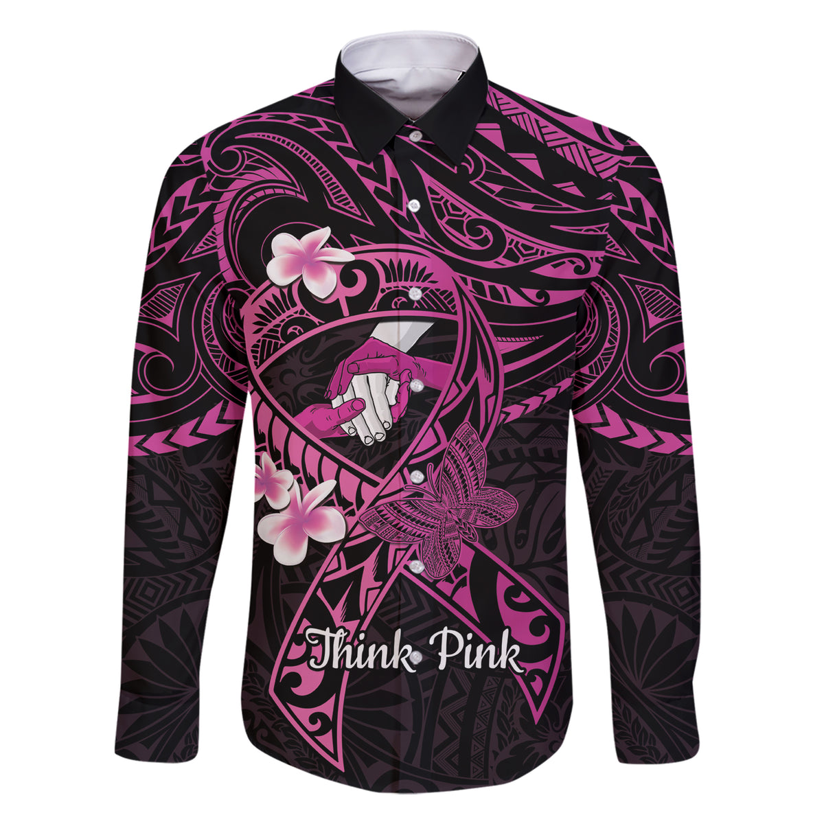 Polynesia Breast Cancer Awareness Family Matching Short Sleeve Bodycon Dress and Hawaiian Shirt Pink Ribbon No One Fights Alone - Black LT14 Dad's Shirt - Long Sleeve Black - Polynesian Pride