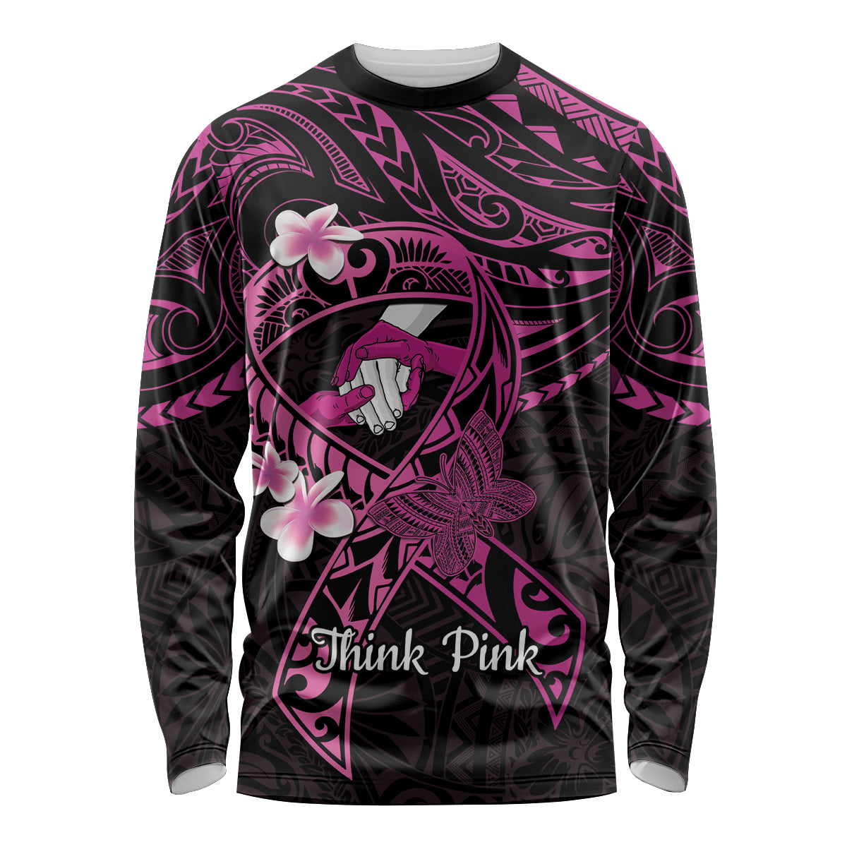 Polynesia Breast Cancer Awareness Long Sleeve Shirt Pink Ribbon No One Fights Alone - Black