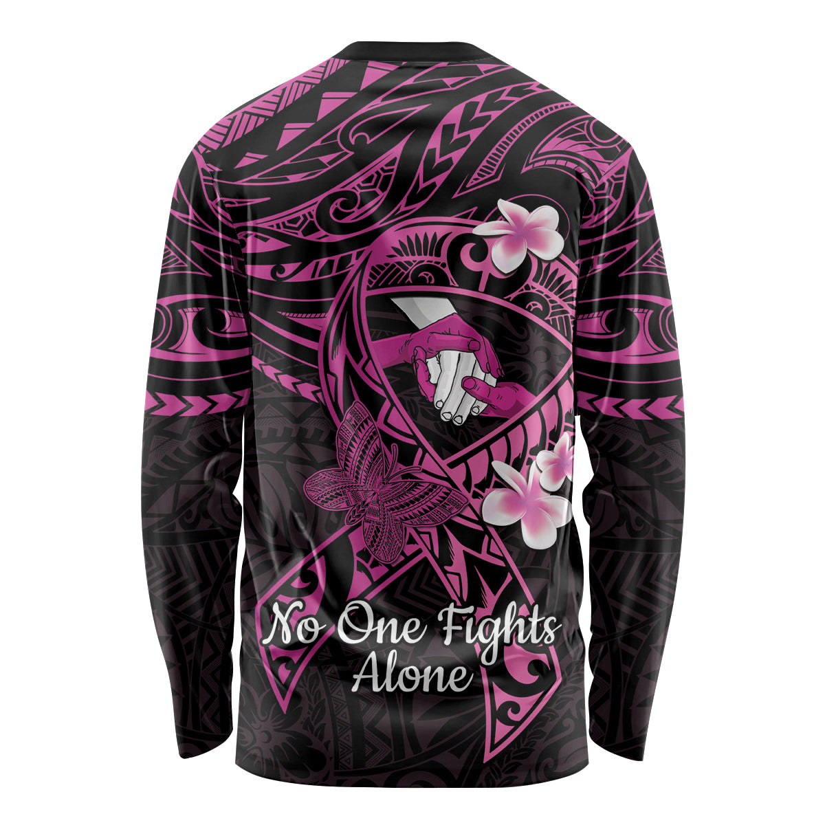 Polynesia Breast Cancer Awareness Long Sleeve Shirt Pink Ribbon No One Fights Alone - Black