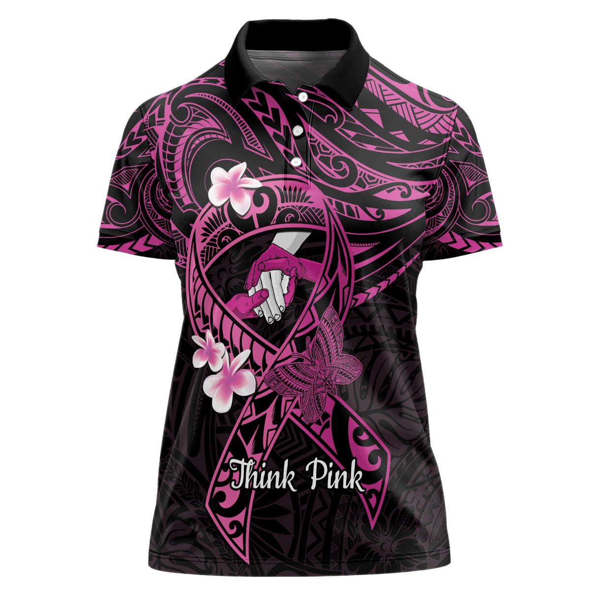 Polynesia Breast Cancer Awareness Women Polo Shirt Pink Ribbon No One Fights Alone - Black