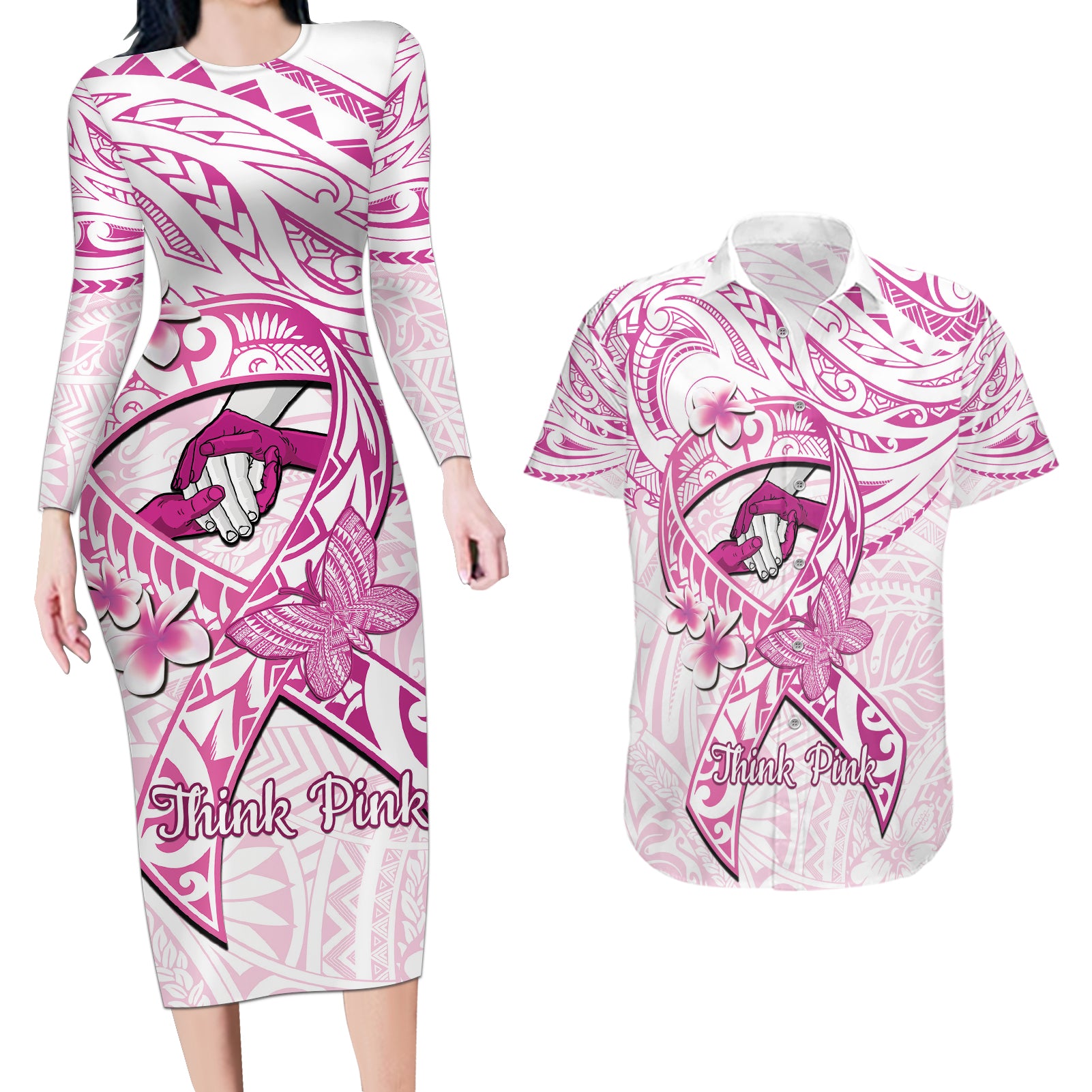 Polynesia Breast Cancer Awareness Couples Matching Long Sleeve Bodycon Dress and Hawaiian Shirt Pink Ribbon No One Fights Alone - White