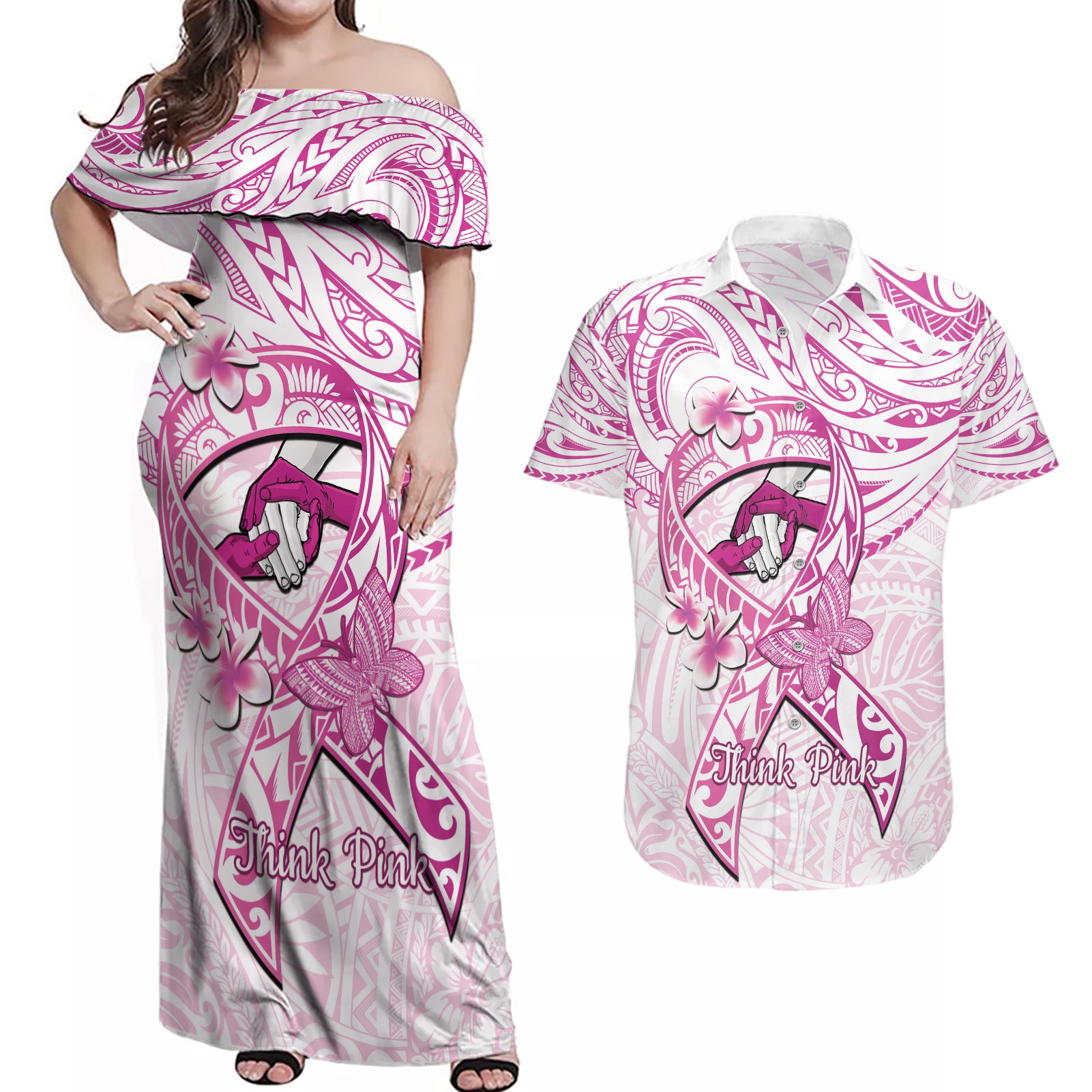 Polynesia Breast Cancer Awareness Couples Matching Off Shoulder Maxi Dress and Hawaiian Shirt Pink Ribbon No One Fights Alone - White