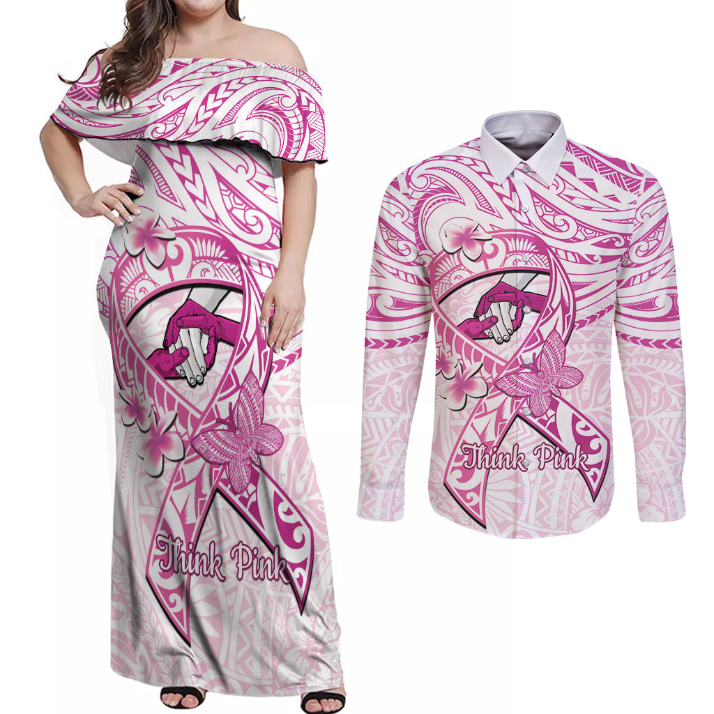 Polynesia Breast Cancer Awareness Couples Matching Off Shoulder Maxi Dress and Long Sleeve Button Shirt Pink Ribbon No One Fights Alone - White LT14 White - Polynesian Pride