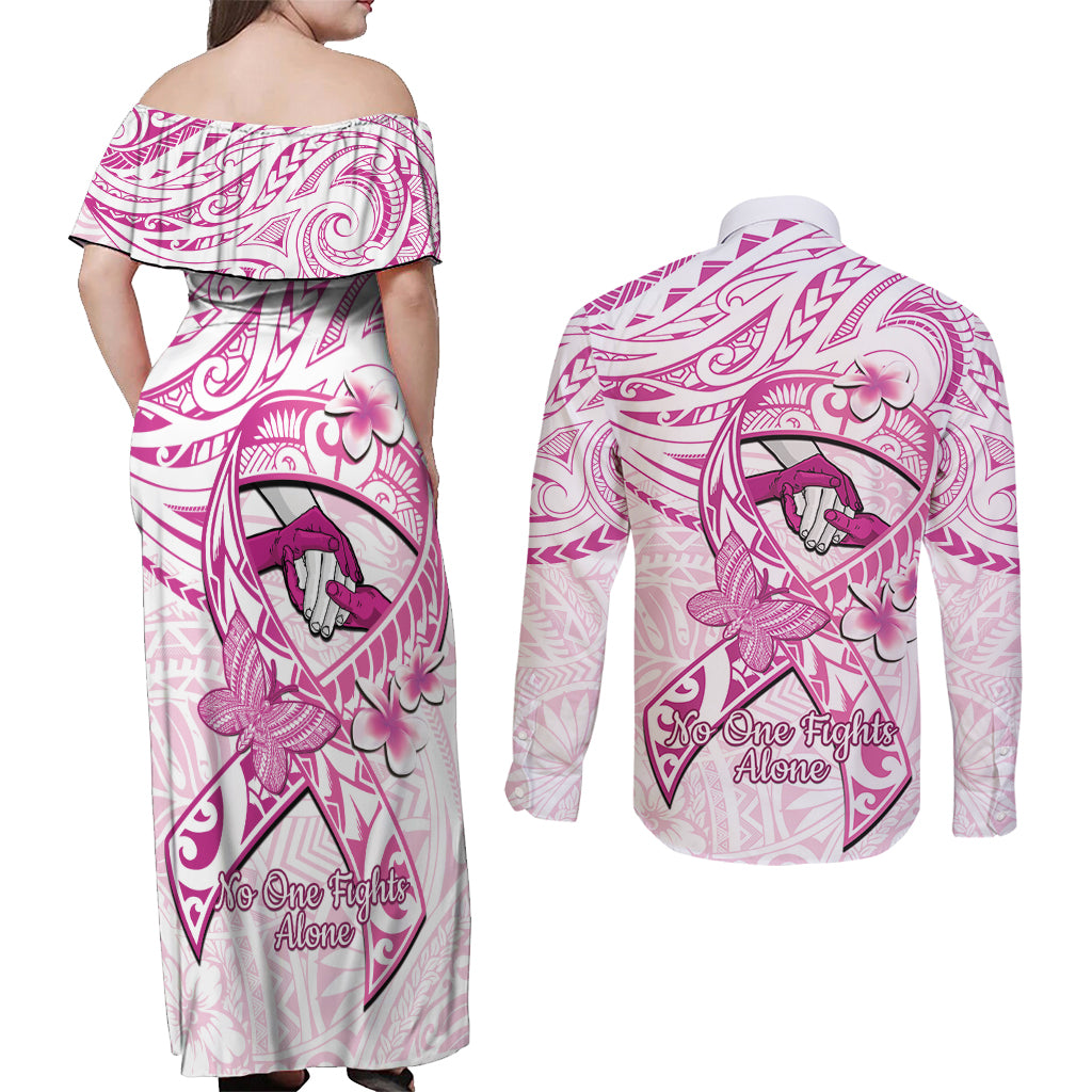 Polynesia Breast Cancer Awareness Couples Matching Off Shoulder Maxi Dress and Long Sleeve Button Shirt Pink Ribbon No One Fights Alone - White LT14 - Polynesian Pride