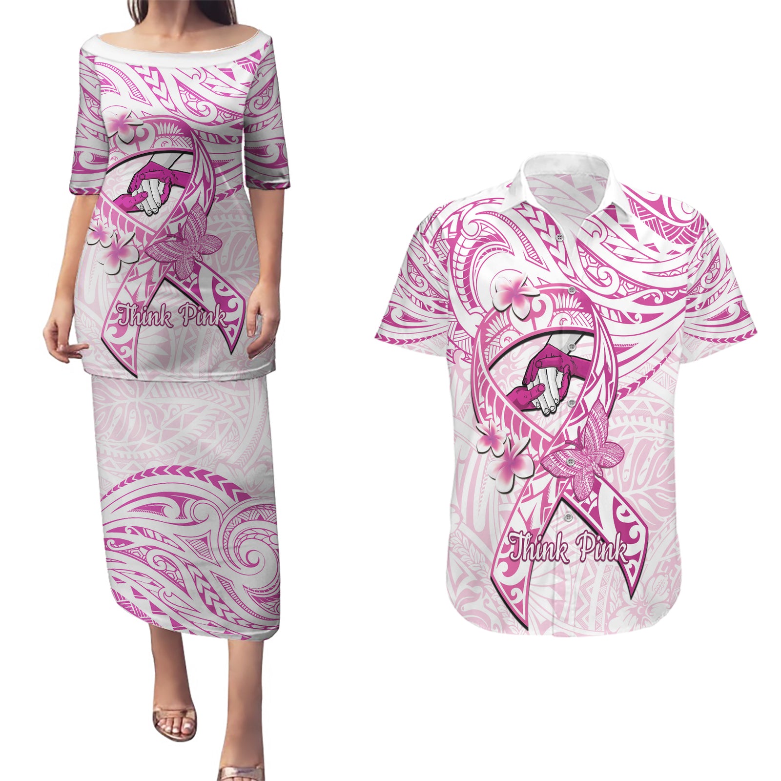 Polynesia Breast Cancer Awareness Couples Matching Puletasi and Hawaiian Shirt Pink Ribbon No One Fights Alone - White LT14 White - Polynesian Pride