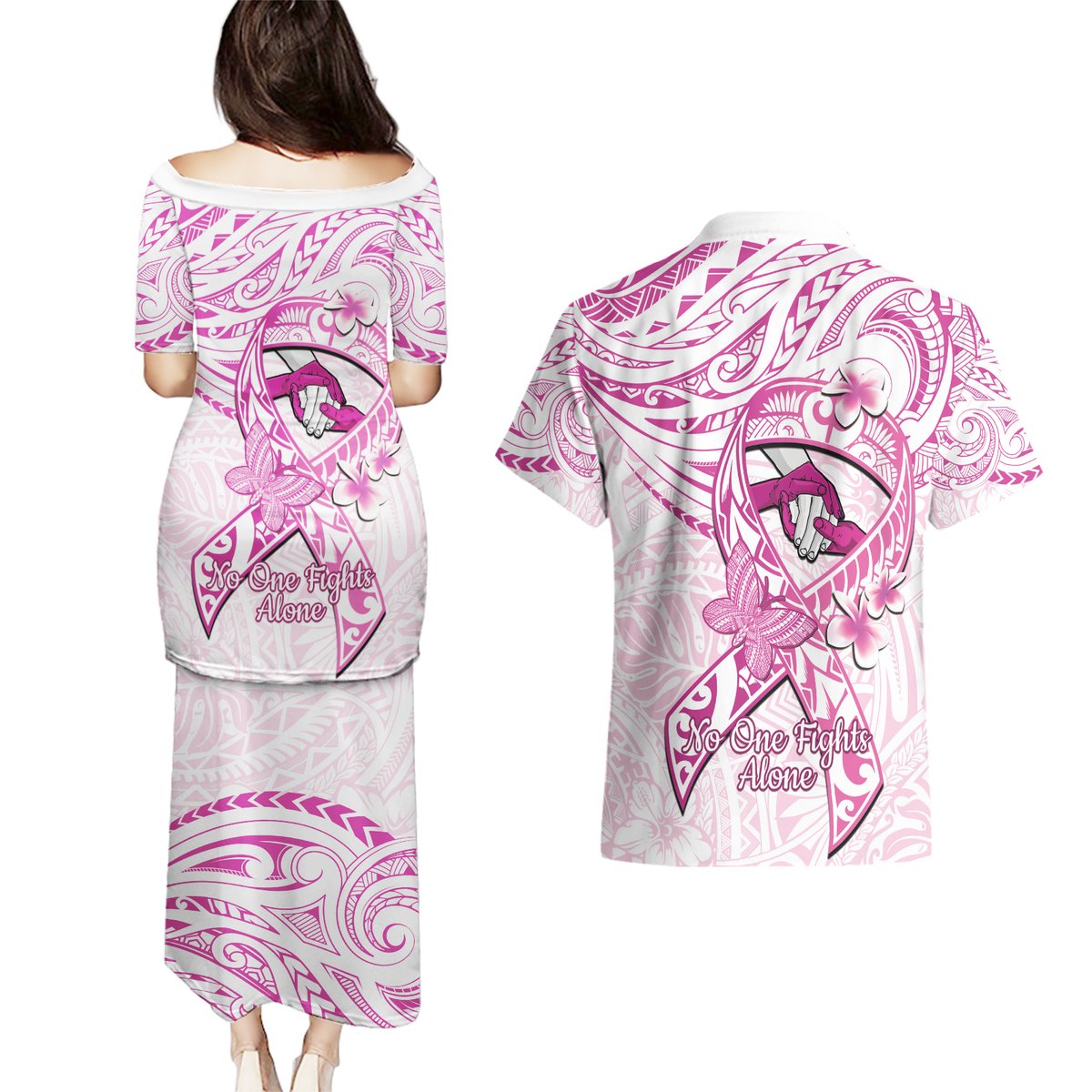 Polynesia Breast Cancer Awareness Couples Matching Puletasi and Hawaiian Shirt Pink Ribbon No One Fights Alone - White LT14 - Polynesian Pride