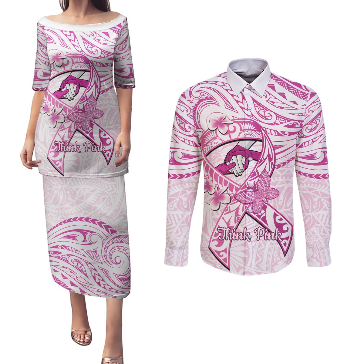 Polynesia Breast Cancer Awareness Couples Matching Puletasi and Long Sleeve Button Shirt Pink Ribbon No One Fights Alone - White LT14 White - Polynesian Pride