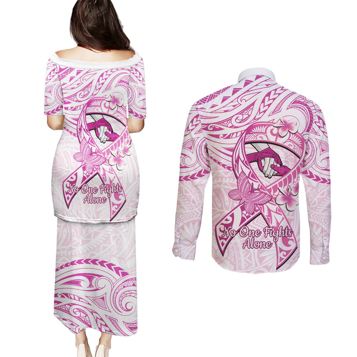 Polynesia Breast Cancer Awareness Couples Matching Puletasi and Long Sleeve Button Shirt Pink Ribbon No One Fights Alone - White LT14 - Polynesian Pride