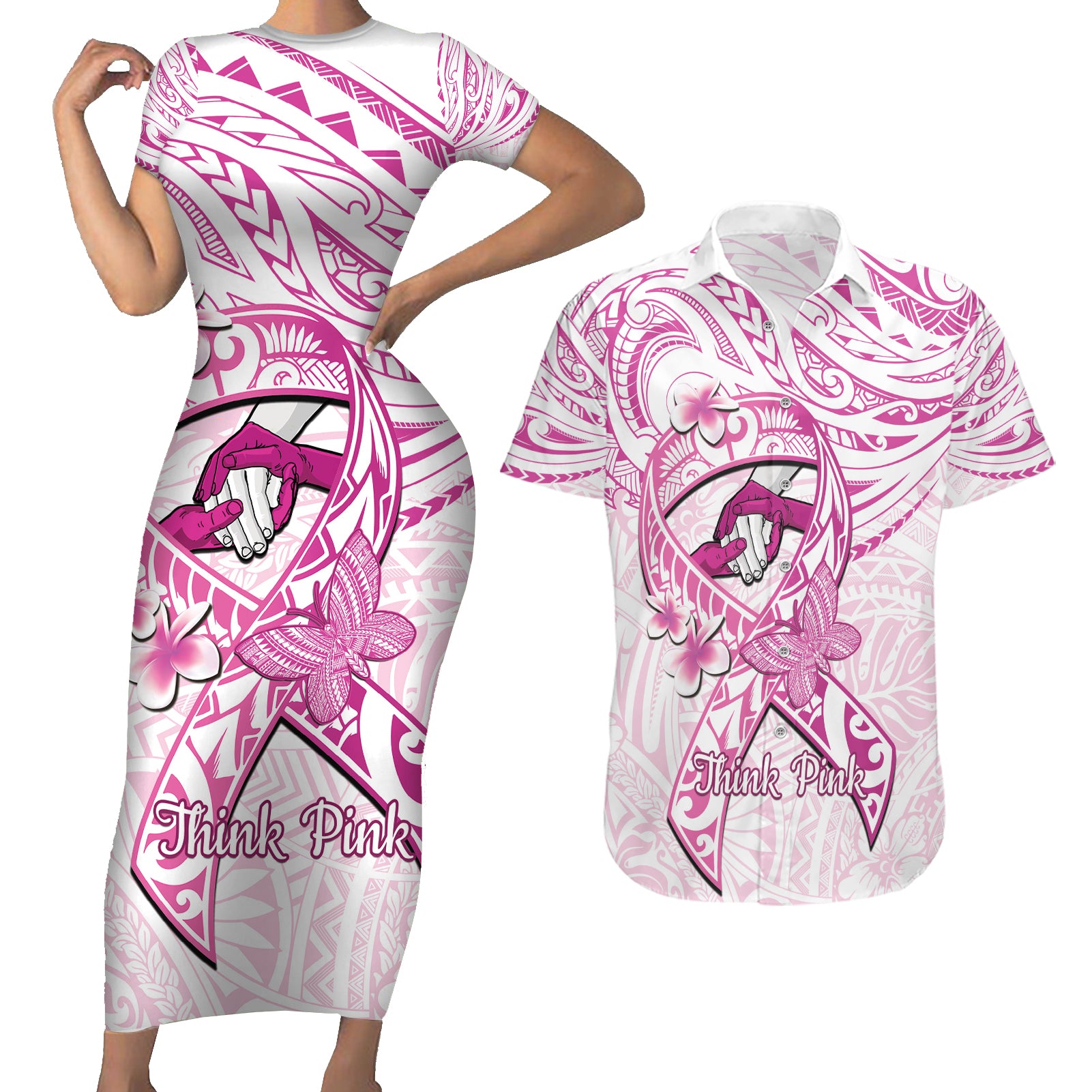 Polynesia Breast Cancer Awareness Couples Matching Short Sleeve Bodycon Dress and Hawaiian Shirt Pink Ribbon No One Fights Alone - White