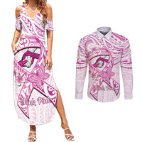 Polynesia Breast Cancer Awareness Couples Matching Summer Maxi Dress and Long Sleeve Button Shirt Pink Ribbon No One Fights Alone - White LT14 White - Polynesian Pride
