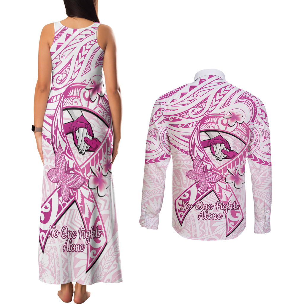 Polynesia Breast Cancer Awareness Couples Matching Tank Maxi Dress and Long Sleeve Button Shirt Pink Ribbon No One Fights Alone - White LT14 - Polynesian Pride