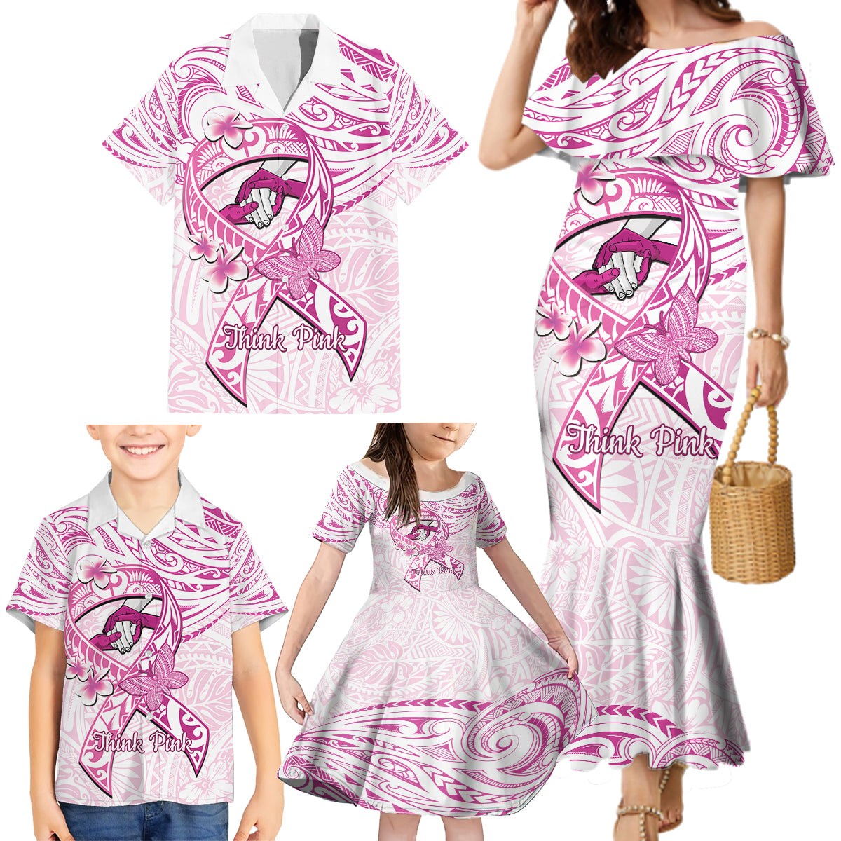 Polynesia Breast Cancer Awareness Family Matching Mermaid Dress and Hawaiian Shirt Pink Ribbon No One Fights Alone - White