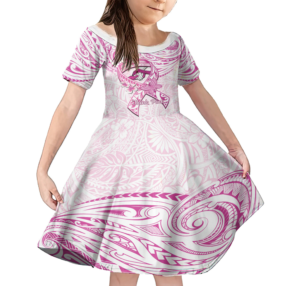 Polynesia Breast Cancer Awareness Family Matching Off The Shoulder Long Sleeve Dress and Hawaiian Shirt Pink Ribbon No One Fights Alone - White LT14 Daughter's Dress White - Polynesian Pride
