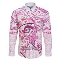 Polynesia Breast Cancer Awareness Family Matching Off The Shoulder Long Sleeve Dress and Hawaiian Shirt Pink Ribbon No One Fights Alone - White LT14 Dad's Shirt - Long Sleeve White - Polynesian Pride