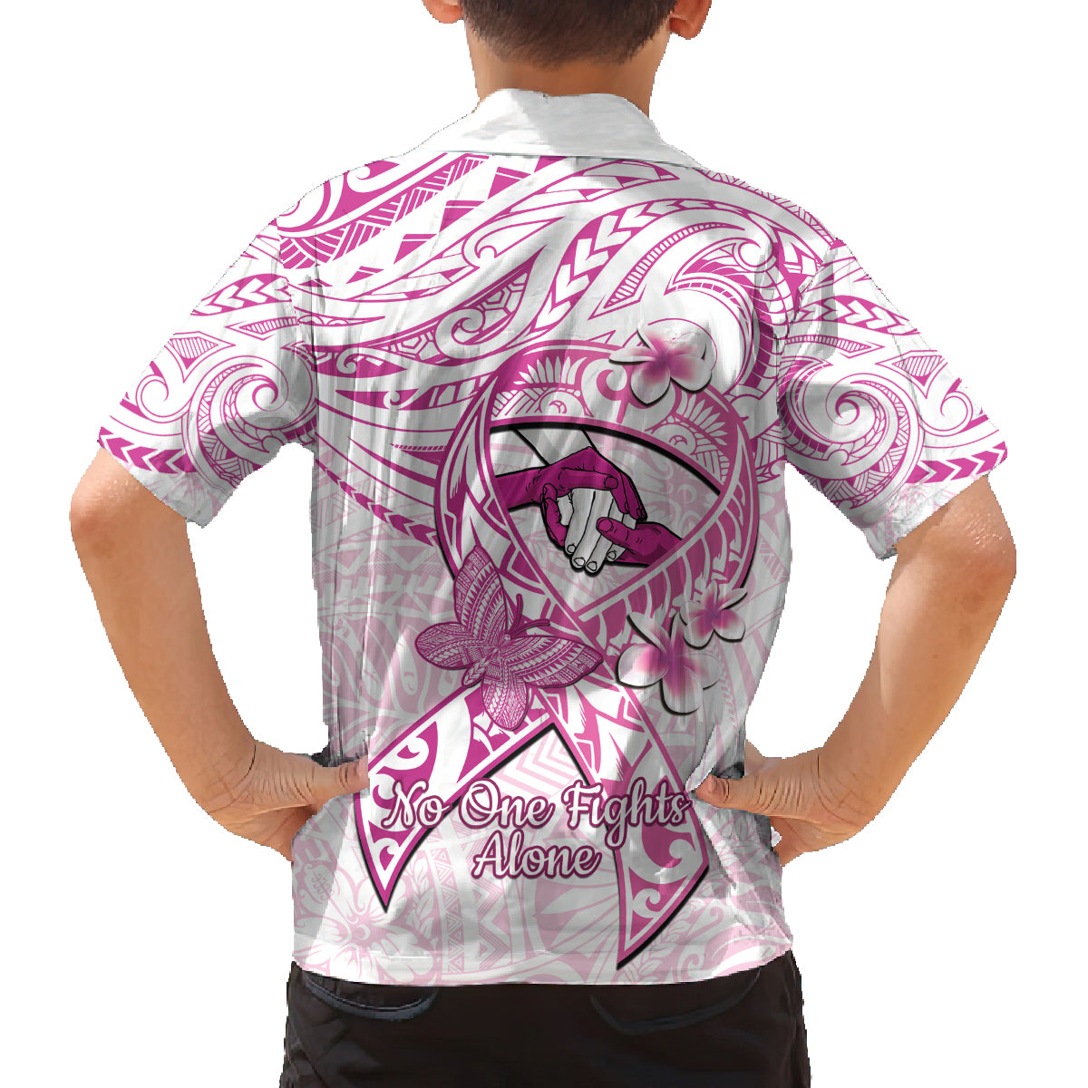 Polynesia Breast Cancer Awareness Family Matching Off Shoulder Maxi Dress and Hawaiian Shirt Pink Ribbon No One Fights Alone - White