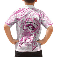 Polynesia Breast Cancer Awareness Family Matching Off Shoulder Maxi Dress and Hawaiian Shirt Pink Ribbon No One Fights Alone - White