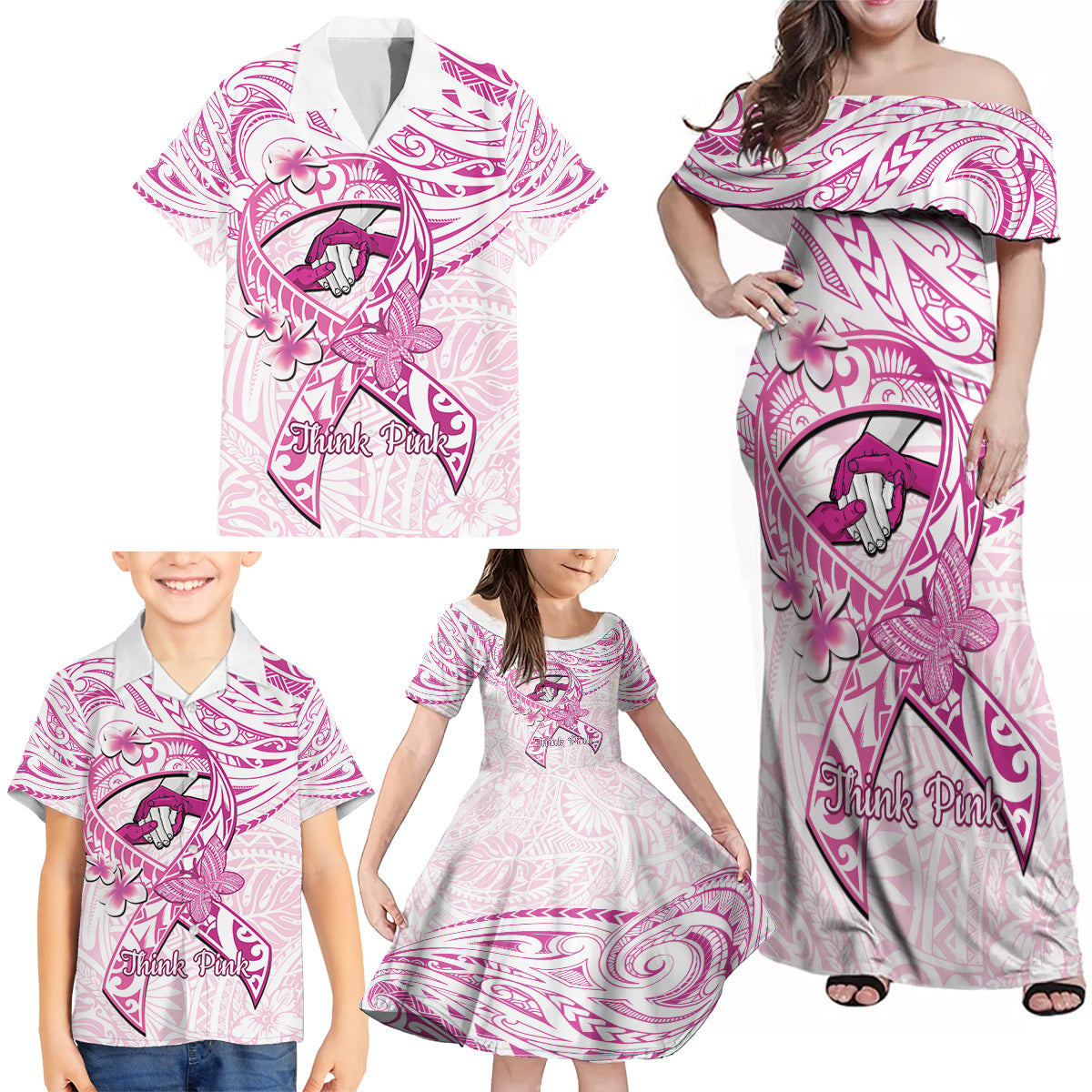 Polynesia Breast Cancer Awareness Family Matching Off Shoulder Maxi Dress and Hawaiian Shirt Pink Ribbon No One Fights Alone - White LT14 - Polynesian Pride