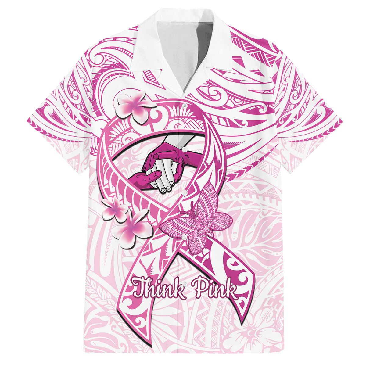 Polynesia Breast Cancer Awareness Family Matching Puletasi and Hawaiian Shirt Pink Ribbon No One Fights Alone - White LT14 Dad's Shirt - Short Sleeve White - Polynesian Pride