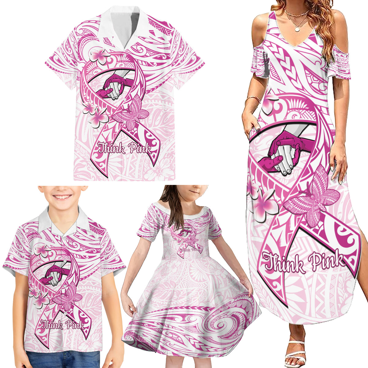 Polynesia Breast Cancer Awareness Family Matching Summer Maxi Dress and Hawaiian Shirt Pink Ribbon No One Fights Alone - White LT14 - Polynesian Pride