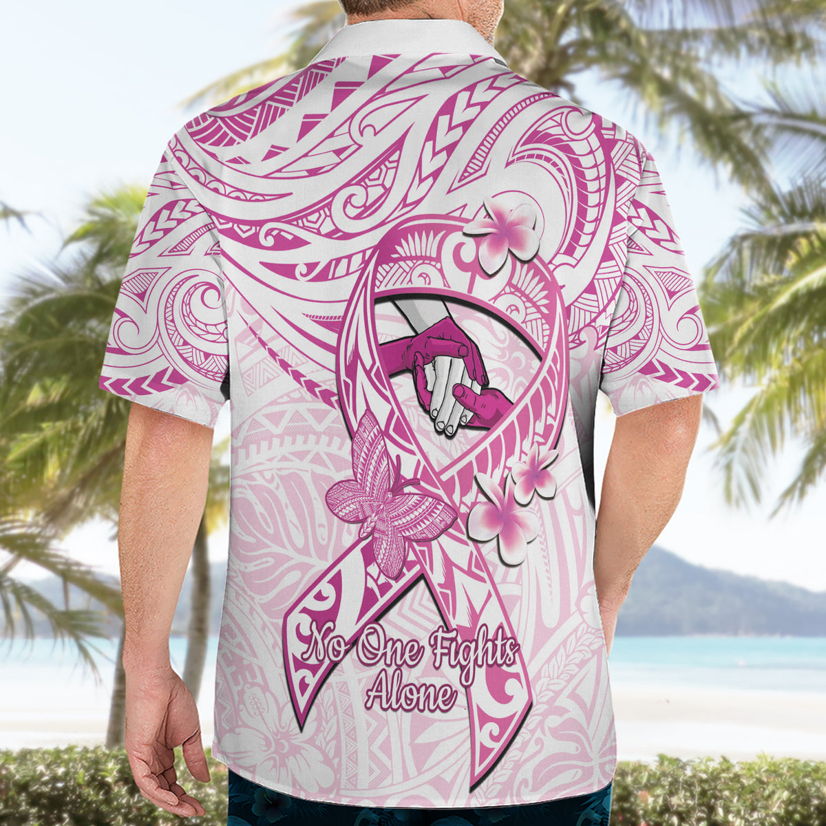 Polynesia Breast Cancer Awareness Hawaiian Shirt Pink Ribbon No One Fights Alone - White