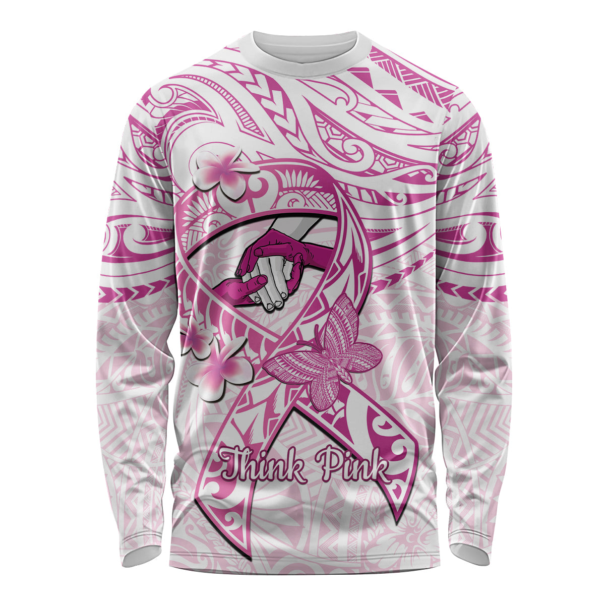 Polynesia Breast Cancer Awareness Long Sleeve Shirt Pink Ribbon No One Fights Alone - White