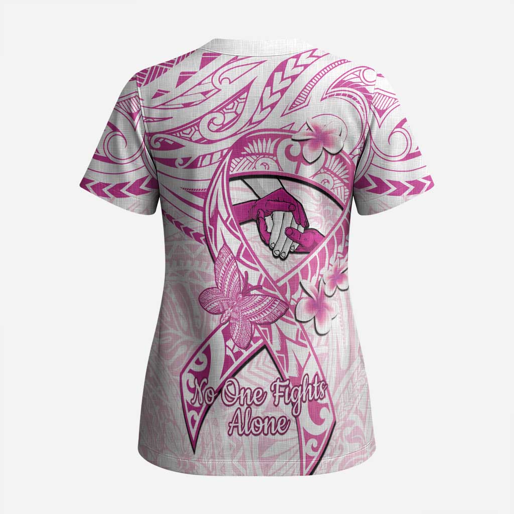 Polynesia Breast Cancer Awareness Scrub Top Pink Ribbon No One Fights Alone - White - Polynesian Pride