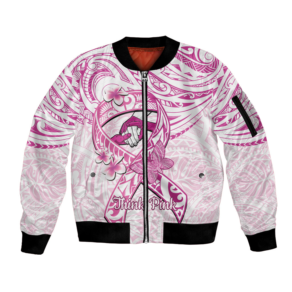 Polynesia Breast Cancer Awareness Sleeve Zip Bomber Jacket Pink Ribbon No One Fights Alone - White LT14 Unisex White - Polynesian Pride