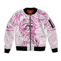 Polynesia Breast Cancer Awareness Sleeve Zip Bomber Jacket Pink Ribbon No One Fights Alone - White LT14 Unisex White - Polynesian Pride