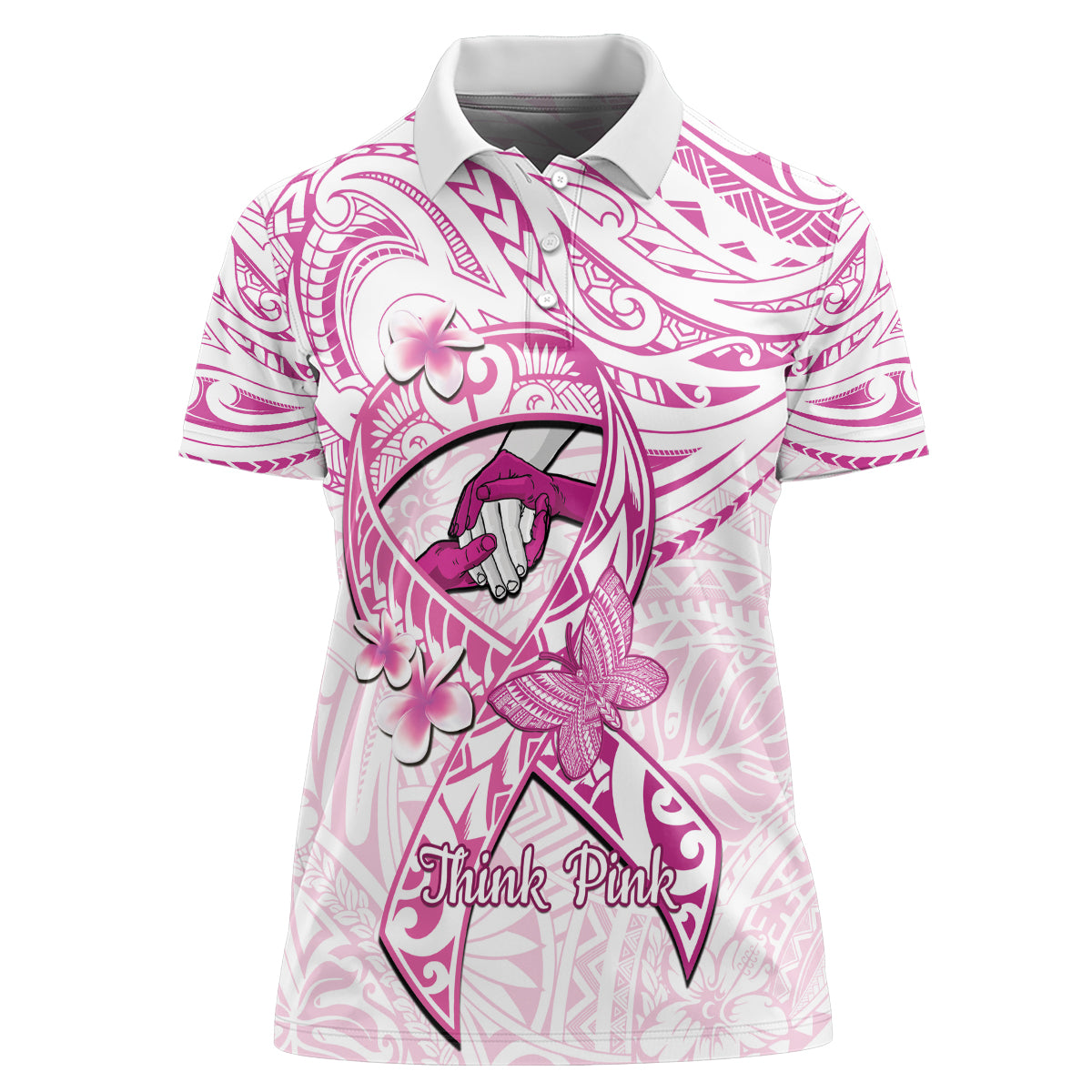 Polynesia Breast Cancer Awareness Women Polo Shirt Pink Ribbon No One Fights Alone - White