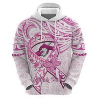 Polynesia Breast Cancer Awareness Zip Hoodie Pink Ribbon No One Fights Alone - White