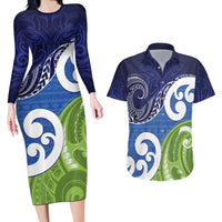 Southland New Zealand Couples Matching Long Sleeve Bodycon Dress and Hawaiian Shirt Maori Koru Flag Color