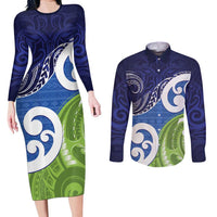 Southland New Zealand Couples Matching Long Sleeve Bodycon Dress and Long Sleeve Button Shirt Maori Koru Flag Color